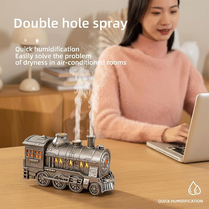 Retro Train Essential Oil Diffuser Humidifier 300ML - Steam Engine Cool Mist Humidifier with Dual Mist Modes & Auto Shut-Off, Quiet Aromatherapy Diffuser with Night Light for Home Office Decor