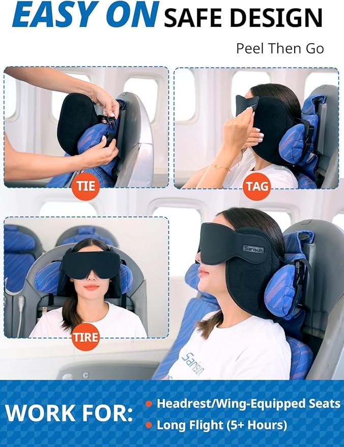 SARISUN Upgraded Travel Pillow, U-Shaped Airplane Head Strap for All Heights, 360° Support, 3D Sleep Mask, 100% Light Blocking, Long Flights Essentials Headrest, Stop Bobblehead, Black