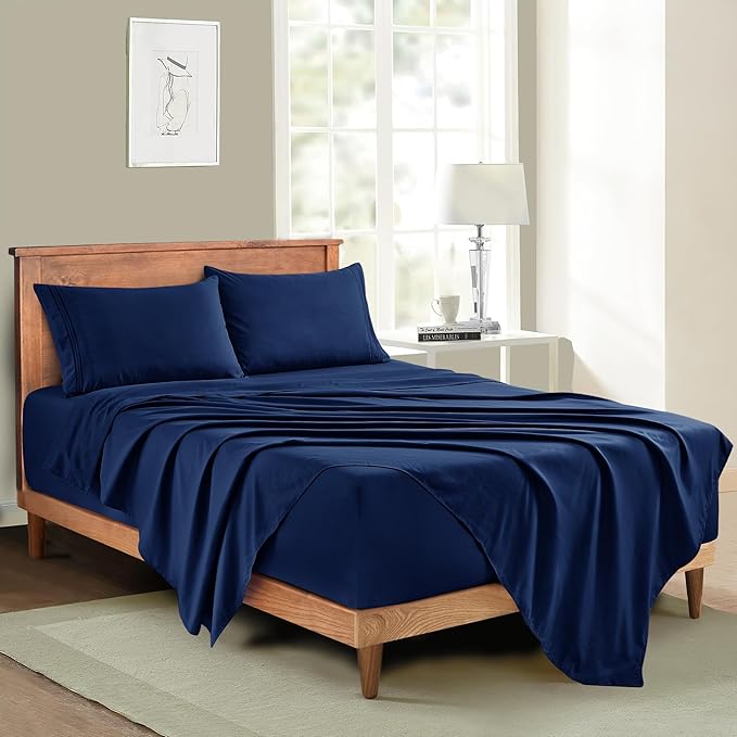 Manyshofu Extra Deep Pocket Full Size Sheets Set - Hotel Luxury 1800 Thread Count Sheets & Pillowcases - Kids Bedding Set up to 24" Mattress - Navy Blue Bed Sheets 18-24 Inch Deep Pockets - 4 Piece