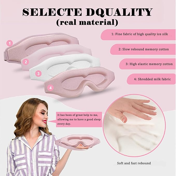 3D Sleep Mask, Breathable 3D Eye Mask for Sleeping, Light Blocking 3D Contoured Eye Cover with Adjustable Strap, 3D Memory Foam Night Blindfold for Men Women(Pink, with 2 Earplugs)