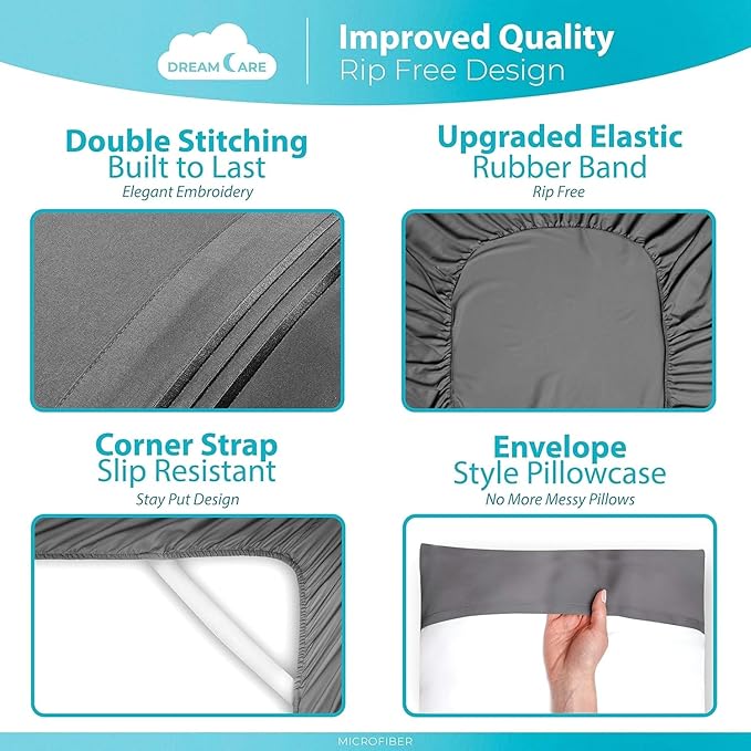 DREAMCARE Full Size Sheets - 6 pcs Breathable Cooling Bed Sheets - up to 15" Deep Pocket Full Size Bed Sheets wth Side Pockets - Extra Soft 100% Brushed Hypoallergenic Hotel Luxury Bedding - Gray