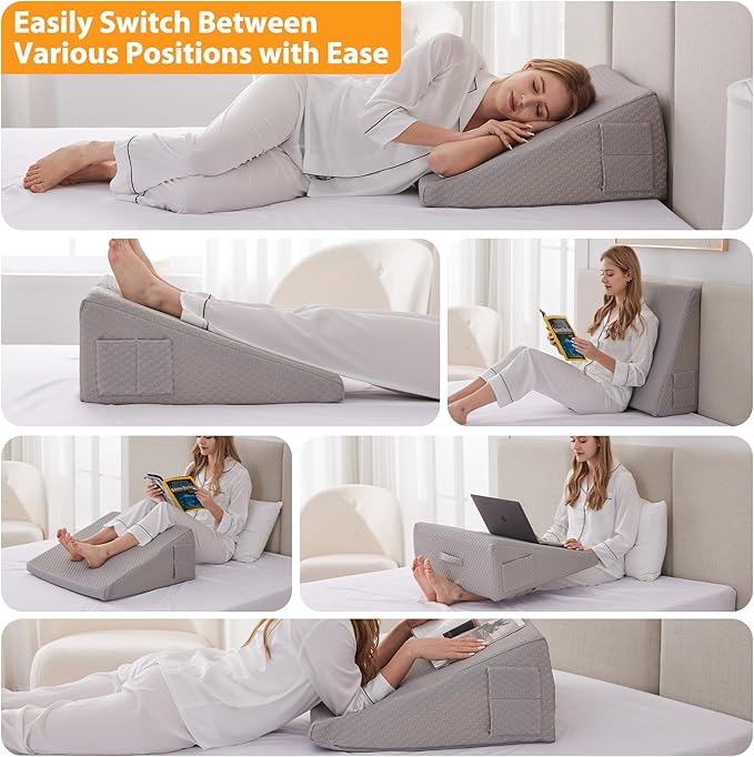Ruqmuis Wedge Pillow for Sleeping, 10" Bed Wedges Pillow for Headboard, Triangle Incline Wedge for Acid Reflux, Pillows Wedge for Back Pain Relief, Elevated Leg Pillows After Surgery, Snoring, Grey