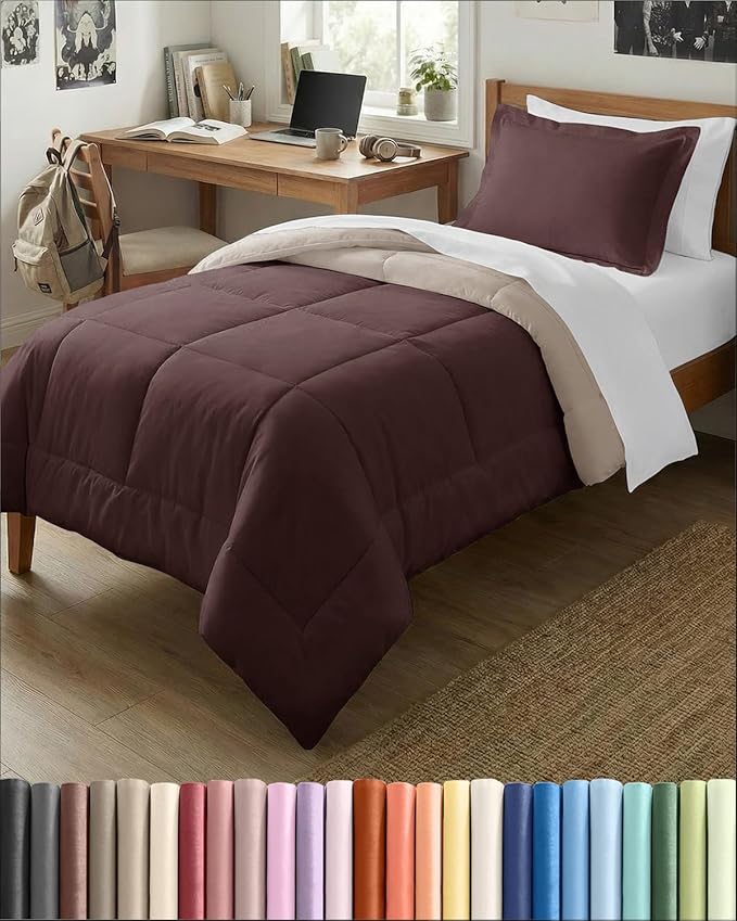 Twin Comforter Set - 2 Piece Bed Set for All Seasons - 1 Soft Quilted Comforter with Corner Tabs & 1 Pillow Sham - Comfy and Breathable - Premium Down Duvet Insert - Oeko-TEX - Twin Size, Brown/Beige
