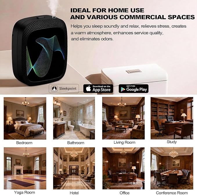 Waterless Essential Oil Diffuser Scent Air Machine for Home Large Room and Commercial Use, Up to 2000 sq ft, App & Panel Control, Dual Power Type-C/D Batteries (Black)