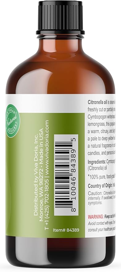 Viva Doria Citronella Essential Oil, 100% Pure, Natural Citronella Essential Oil, Undiluted, for Aromatherapy | Food Grade, 118 mL (4 Fluid Ounce)
