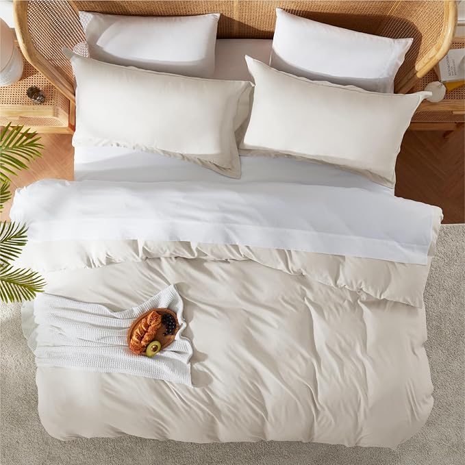Nestl Queen Duvet Cover Set with Comforter Insert - Off White 4 Piece 90x90 Duvet Cover & 2 Pillow Shams with White Quilted Down Alternative Comforter, Ultra Soft, All Season