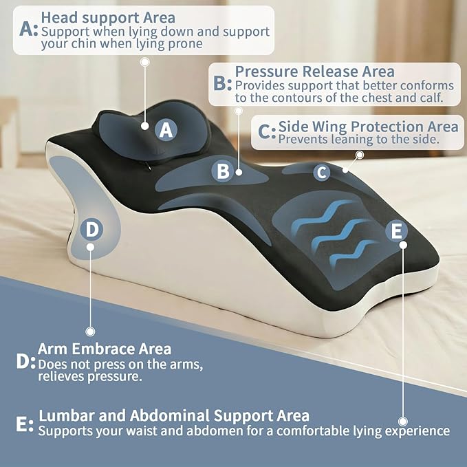 Ergonomic Wedge Prone Pillow,Memory Foam Multi-Functional Bed Pillow,Reading Pillow,Ideal for Bed Breaks,Massage,Reading,Back Support,Sleeping,and Leg Pain Relief