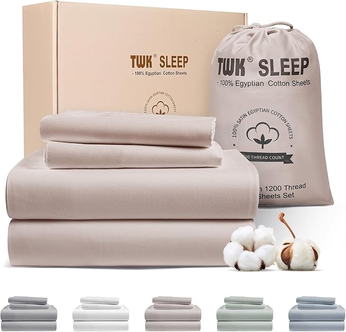TWK 1200 TC 100% Egyptian Long-Staple Cotton Bedding Sheets Set, Luxury Hotel Style Deep Pocket with Elastic Reinforced Seams Sheet Set, Soft & Comfy Natural Sheets