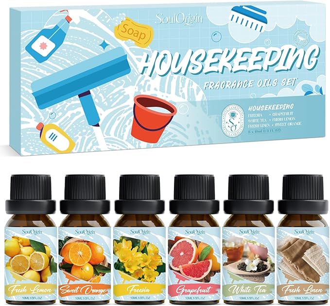 Soulorigin Housekeeping Fragrance Oils Set, Essential Oil Gift Set for Diffuser, Clean Scent Diffuser Oil, Use with Wool Dryer Balls - Lemon, Sweet Orange, White Tea, Fresh Linen, Freesia, Grapefruit