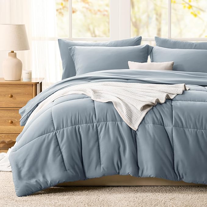 CozyLux Full Size Comforter Sets Grayish Blue - 7 Pieces Bed in a Bag Full, Oeko-Tex Certified Bed Set, All Season Soft Bedding Set with Down Alternative Comforter, Sheets, Pillowcases & Pillow Shams