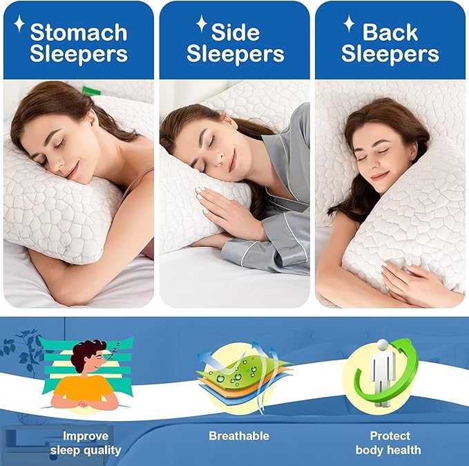 Cooling Pillow Queen Size Set of 2, CertiPUR-US Shredded Memory Foam Pillows for Sleeping, Cool Bed Pillows for Hot Sleepers, Adjustable Firm Pillow for Side,Back,Stomach Sleepers,Sleep Gift for Mom