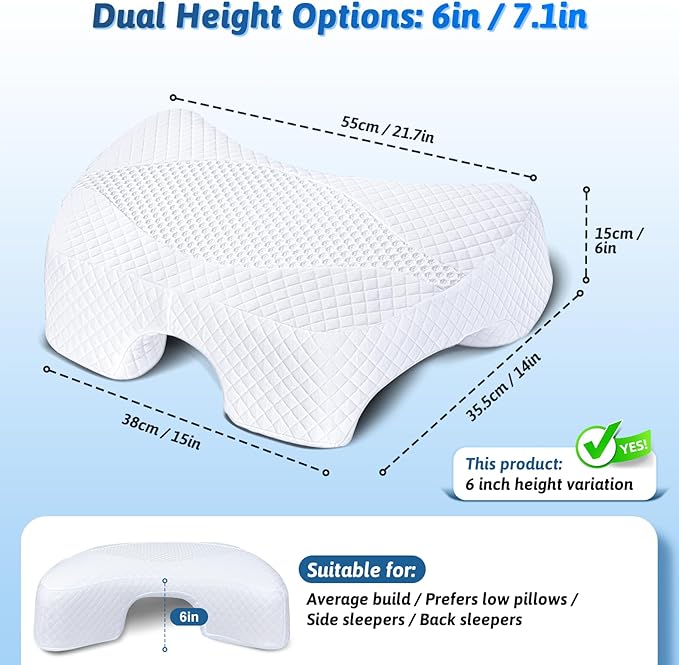 Side Sleeper Pillow with Arm Hole, Shoulder Relief System, Arm Pillow for Neck and Shoulder Pain, Premium Memory Foam, Suitable for Side, Back and Stomach Sleepers - White, 6in Height