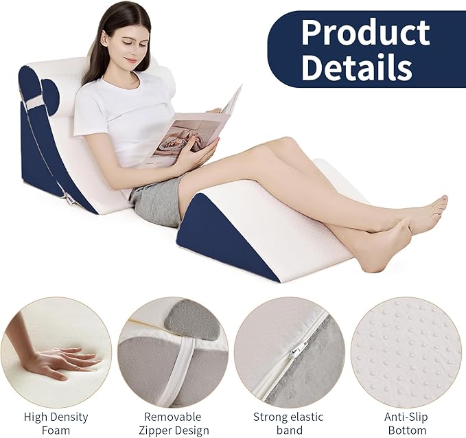 4PCS Orthopedic Bed Wedge Pillow Set for Post Surgery & Pain Relief, Adjustable Wedge Pillow for Back, Acid Reflux,Sitting up in Bed,Recovery, Snoring, Body Pillow for Sleeping (White/Navy)