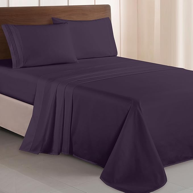 Elegant Comfort Luxurious 1500 Premium Hotel Quality Microfiber Three Line Embroidered Softest 4-Piece Bed Sheet Set, Wrinkle and Fade Resistant, Queen, Eggplant-Purple