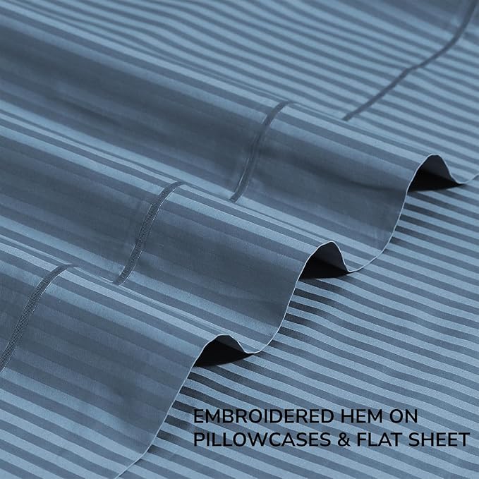 Feather & Stitch 500 TC Twin Size Damask Bed Sheet Set, 100% Cotton Soft Breathable Bedsheets, 3 Piece 18" Deep Pockets Sateen Weave Striped Bedding Mattress Resort Hotel Luxury Décor - (Blue Stripe)