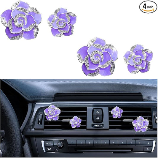 4PCS Bling Car Air Vent Clips, Flower Shiny Rhinestone Clip-on Vehicle Air Outlet Clamp, Sparkly Diamond Auto Interior Vent Decoration Clip, Universal for SUV Automobile Truck (Purple)