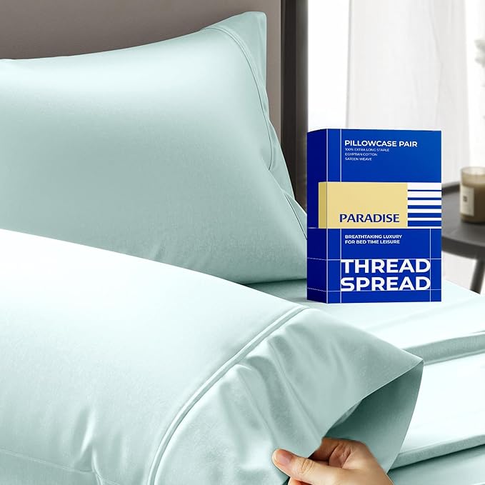 Thread Spread 100% Egyptian Cotton Pillow Cases Queen Size Set of 2 - Luxury 1000 Series Paradise Collection Queen Pillow Cases (Sea Foam), Soft Cooling Sateen Hotel Egyptian Cotton Pillowcases