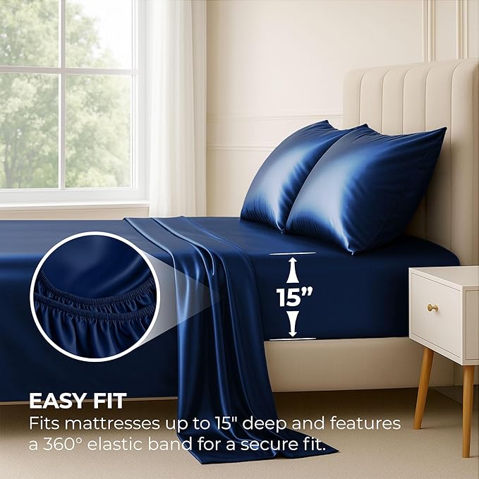 Pure Bedding Satin Sheets King [4-Piece, Navy] Hotel Luxury Silky Bed Sheets Extra Soft 1800 Microfiber Sheet Set, Wrinkle, Fade, Stain Resistant - Deep Pocket Fitted Sheet, Flat Sheet, Pillow Cases