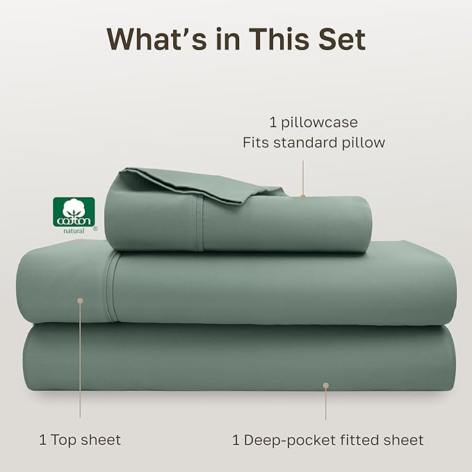 California Design Den Soft 100% Cotton Bed Sheets Twin Size Set, 400 Thread Count Good Housekeeping Award Winner, Silky Sateen Weave, Long Staple Cotton Twin Bed Sheet Set - Sage Green