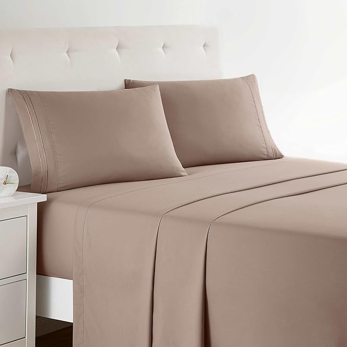 Clara Clark Bed Sheets, Premier 1800 Series 4 Piece Bed Sheet Set, Deep Pocket, Wrinkle, Fade, Stain Resistant, Luxury Soft Bedding Sheets & Pillowcases, California King, Taupe Sand