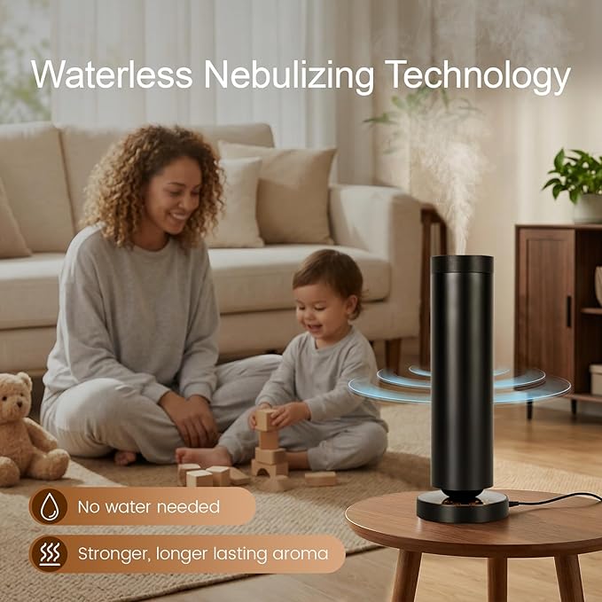 Waterless Diffuser, Cold Air Scent Diffuser with Night Light, Waterless Essential Oil Diffuser for Homes, Offices, Hotels - Covers 1000 Sq Ft - Black- Remote Control (Fragrance Not Included)