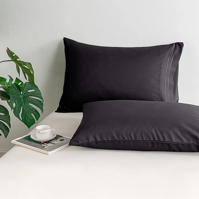 Mocassi 2-Piece Premium King Pillowcase Set 1800 Series Hotel Quality Microfiber - Soft and Breathable with 3-Line Embroidery Wrinkle and Stain Resistant, Easy Care, 20" x 40", Black