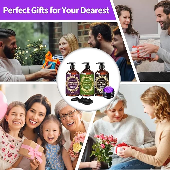 Mothers Day Gifts for Wife,Massage Oil for Massage Therapy,3 Pack Cellulite Massage Oil,Sore Muscle Arnica Oil & Lavender Massage Body Oil with Massage Ball & Thumb Saver Tool,Fathers Day Gift