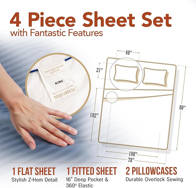 TEXAS LINEN CO. Luxury Egyptian Cotton King Size Sheet Set - Texan Talkin' Damask 600 Series 4 PC Deep Pocket Fitted and Flat Sheets, Cooling Extra Long Staple Sateen Hotel Bedding - Light Blue Stripe