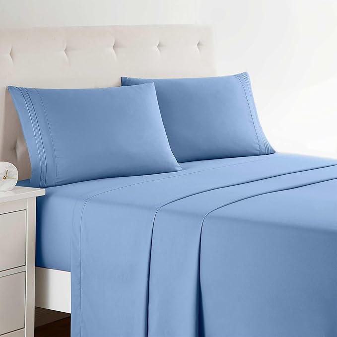 Clara Clark Bed Sheets, Premier 1800 Series 4 Piece Bed Sheet Set, Deep Pocket, Wrinkle, Fade, Stain Resistant, Luxury Soft Bedding Sheets & Pillowcases, California King, Blue Heaven