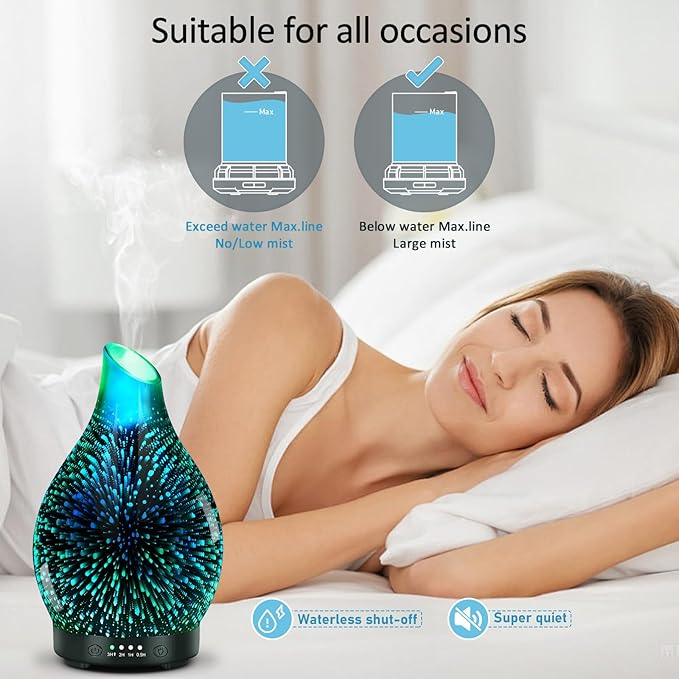 Essential Oil Diffuser 150ML -3D Firework Glass Aromatherapy Diffusers for Essential Oils with 4 Timer Setting Auto Shut-Off Silent Operation 7 Colors Lights Changing, Mothers Day for Room, Office