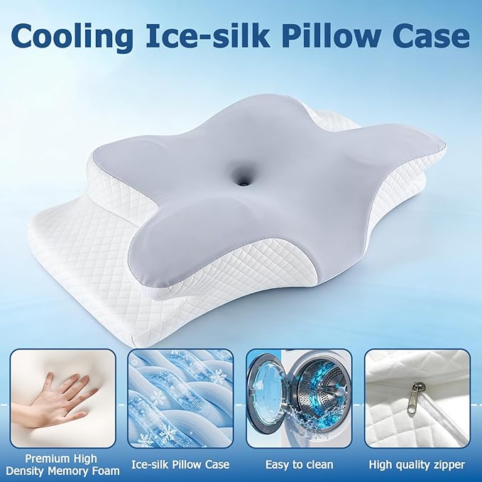 Memory Foam Neck Pillow - Adjustable Orthopedic Contour Pillow for Neck & Shoulder Support, Odorless, Side Back Stomach Sleeper Friendly, Enhanced Spinal Alignment - Light Grey