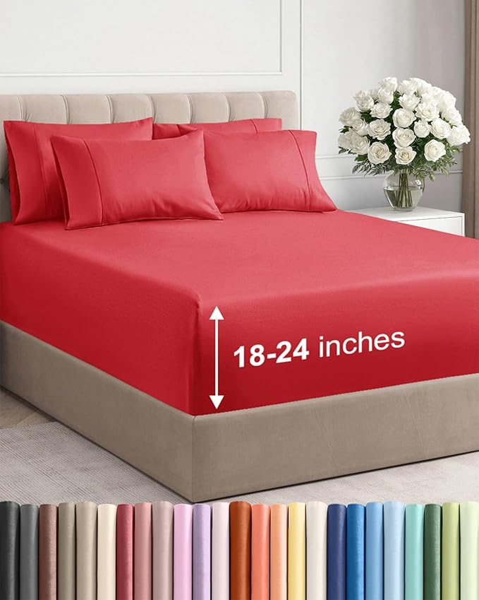 Extra Deep Full Sheet Set - 6 Piece Breathable and Cooling Sheets - Hotel Luxury Bedding for Women, Men, Kids & Teens - Easy & Secure Fit - Soft, Wrinkle Free and Comfy with Extra Deep Pockets - Red