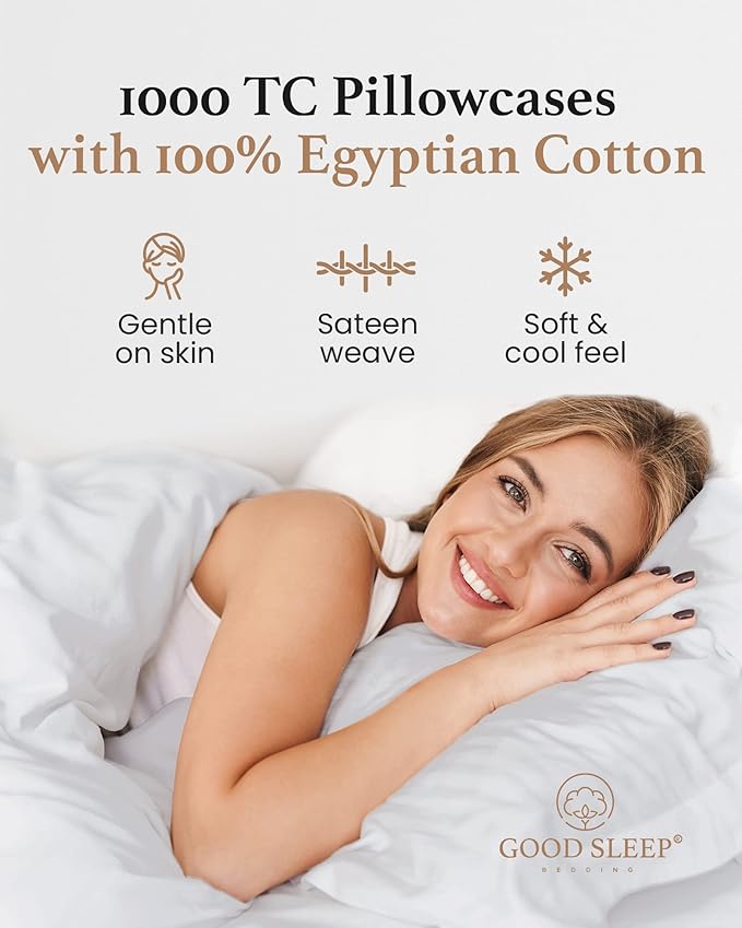 1000 TC Light Gray Standard Pillowcases Set of 2 100% Egyptian Cotton Pillow Cases with Long Staple Cotton & Sateen Weave, Silky Soft Hotel - Like Bed Pillow Covers for Comfy Sleeping, Snug Fit
