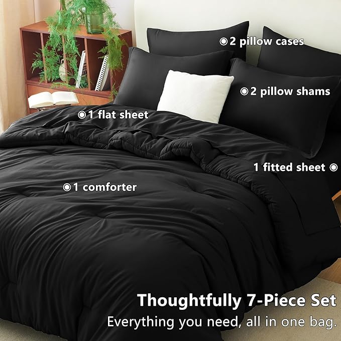 CozyLux California King Comforter Set Black, 7 Pieces Cal King Bed in a Bag Bed Comforter Set with Sheets, Luxury Soft Bedding Sets with Down Alternative Comforter, Sheets, Pillowcases & Shams