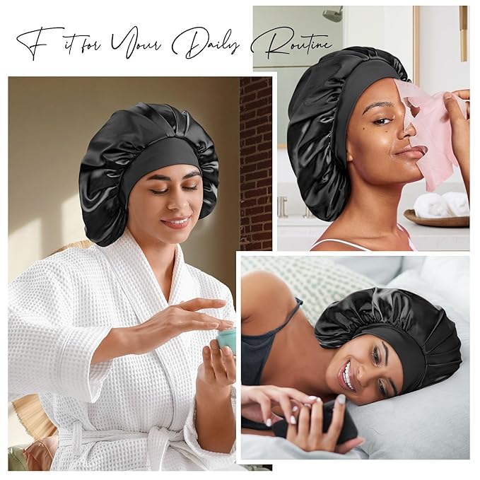 22 Momme 100% Real Mulberry Silk Bonnet for Sleeping Women, Large Hair Care Bonnet for Long Curly Hair, Double Layer Silk Wrap with Soft Elastic Band, Non-Slip Sleep Cap, Black+Purple