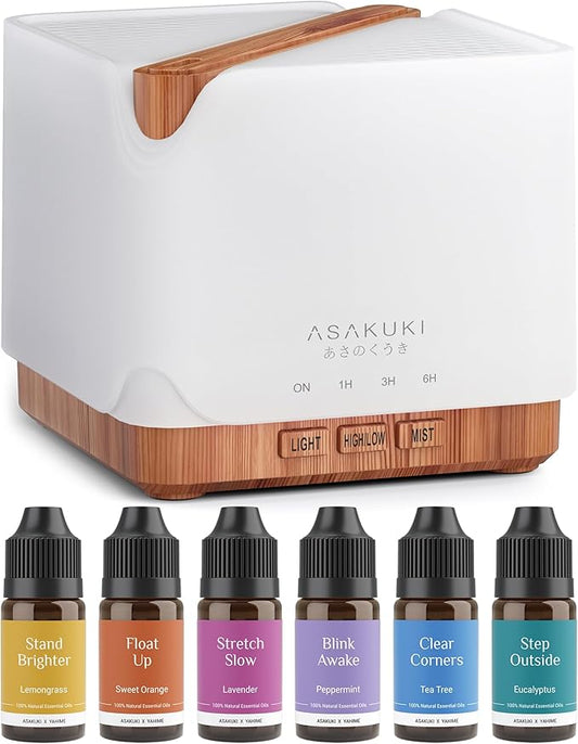 ASAKUKI Essential Oil Diffuser for Home, Large 700 ml Aromatherapy Humidifier with Top 6 Essential Oil Sets, Automatic Shut-Off, 7 LED Lights for Living Room, Bedroom, Hotel, Gift for Mom - Yellow