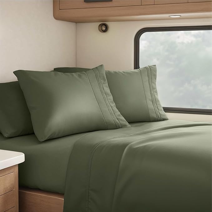 Clara Clark RV Short Queen Sheets - Hotel Luxury 6 Piece Bed Sheets for Short Queen Size Bed - Soft Bedding Sheets & Pillowcases, Fits Low Mattress up to 10 inch deep. Short Queen, Olive Green