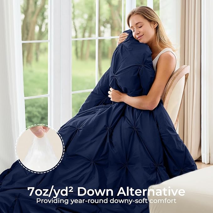 Sasttie Queen Comforter Set, 7-Piece Bed in a Bag, Pintuck Bedding Sets for All Season, Includes Comforter, Flat Sheet, Fitted Sheet, Pillowcases and Pillowshams, Navy
