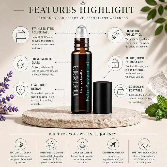 Polar Peppermint Essential Oil Roll-On 10 ml – 100% Pure & Natural Peppermint Aromatherapy Roller – Cooling Sensation for Focus, Relaxation & Daily Wellness