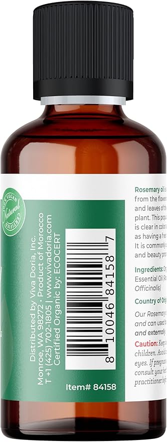 Viva Doria Rosemary Essential Oil, USDA Certified, Organic Rosemary Oil, 100% Pure, Natural Essential Oil, Undiluted, for Aromatherapy | Food Grade, 30 mL (1 Fluid Ounce)