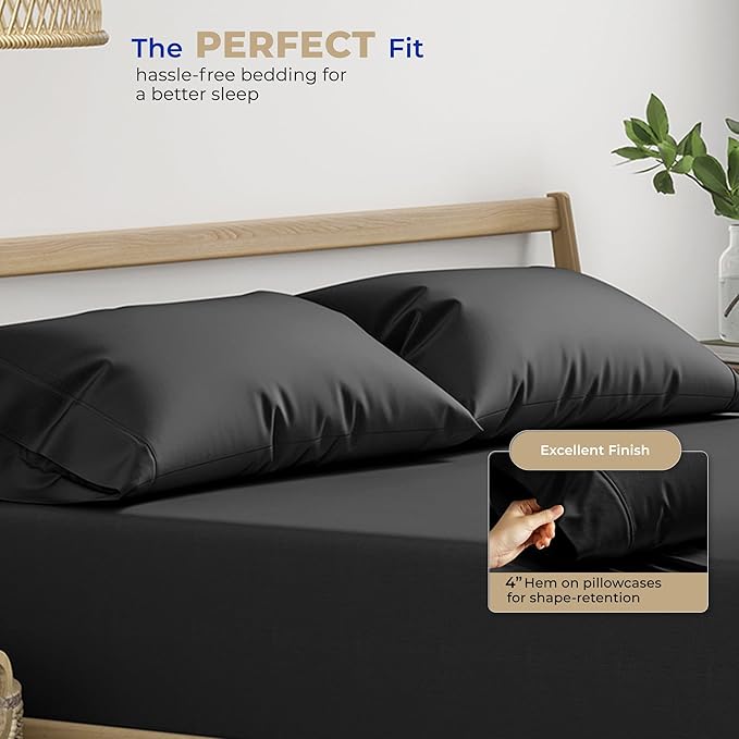 Thread Spread 100% Cotton King Size Pillow Cases Set of 2 - Luxury 400 Series Glee Collection Pillow Cases King Size (Black), Soft Cooling Breathable & Durable Sateen Hotel Cotton Pillowcases