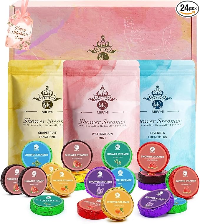 MR MIRYE Shower Steamers Aromatherapy, 24-Pack Shower Bombs Birthday Gifts for Women, Valentine's Day Gift with Eucalyptus Mint Lavender Watermelon Grapefruit Tangerine Essential Oils