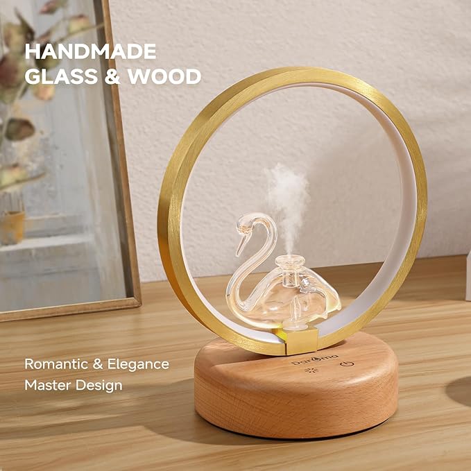 DAROMA Swan Handmade Glass and Wood Essential Oil Diffuser, Portable Waterless Metal Ring Aromatherapy Diffuser with Auto Off & Adjustable Mood Light, Ideal for Home, Office, Bedroom
