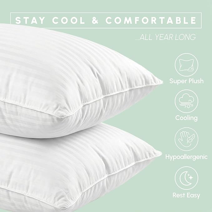 Elegant Comfort 100% Cotton Shell Stripe King Size Set of 2 Pillows, Super Plush Cooling Gel Filling Hotel Quality Down Alternative Bed Pillows for Side, Back and Stomach Sleepers