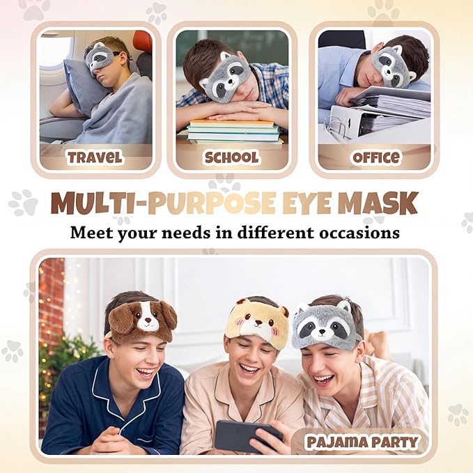 Geyoga 3 Pcs Sleep Mask for Kids, Girls Plush Sleeping Eye Cover Soft Eye Blindfold Cover Animal Shade for Kids(Colorful,Dog, Hamster, Raccoon Style)