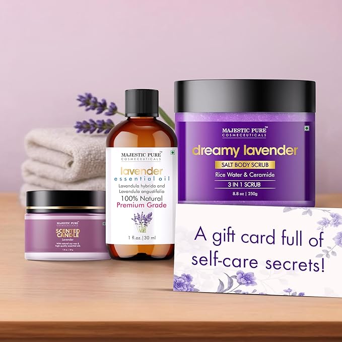 Majestic Pure Lavender Essential Oil & Body Scrub Set | 100% Pure & Natural Gift Set | Relaxing & Stress relief | pack of 3