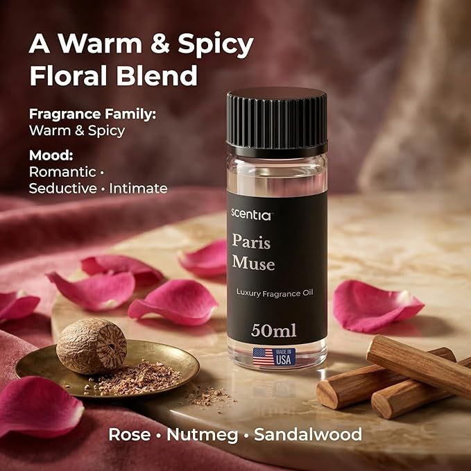 Scentia Paris Muse Hotel Scent Diffuser Oil – Luxury Fragrance Inspired by Hotel Costes Paris – 50 mL – Rose, Sandalwood & Clove Essential Oil Blend for Home, Office & Aromatherapy Diffusers