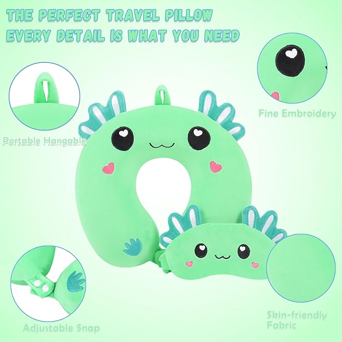 Travel Pillow, Kids Travel Pillow with Sleep Eye Mask Soft Memory Foam Kids Neck Pillow for Boys & Girls, Travel Accessories for Car Airplane Traveling - Green Axolotl