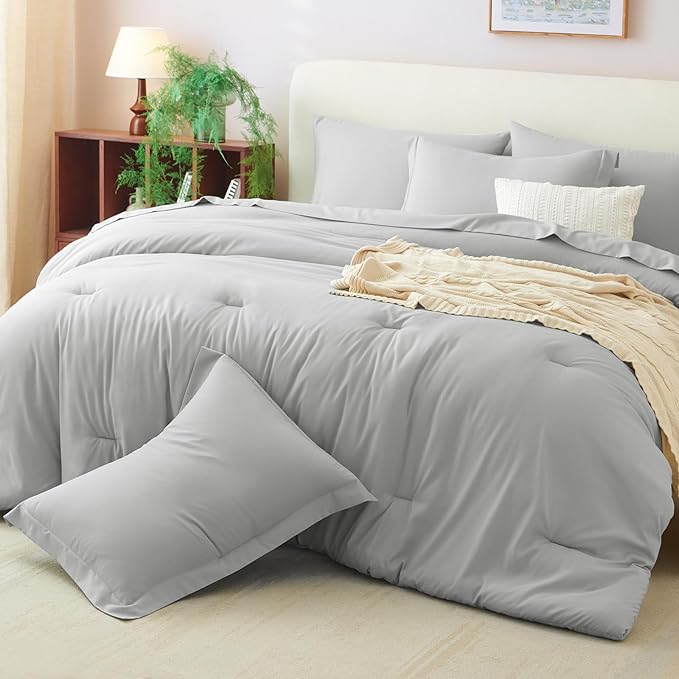 CozyLux Full Size Comforter Sets Light Grey, 7 Pieces Bed in a Bag Full Comforter Set with Sheets, Light Gray Luxury Soft Bedding Set with Down Alternative Comforter, Sheets, Pillowcases & Shams