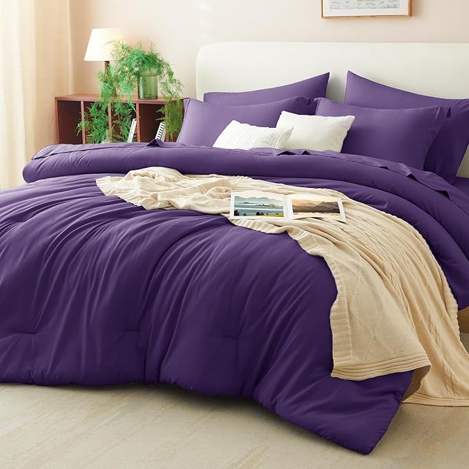 CozyLux Queen Comforter Set Purple, 7 Pieces Bed in a Bag Queen Comforter Set with Sheets, Luxury Soft Bedding Sets with Down Alternative Comforter, Fitted Sheet, Flat Sheet, Pillowcases & Shams